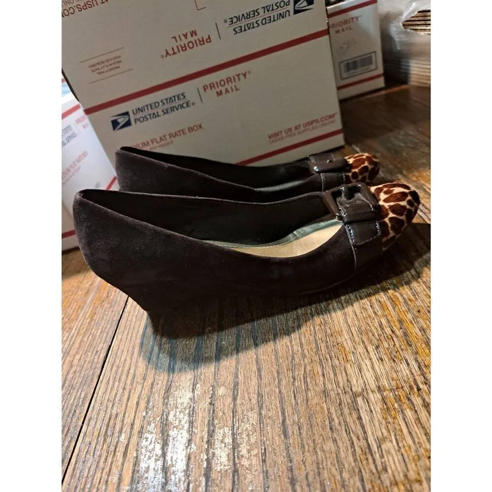 6.5M Alex Marie Brown Ran Round Toe Slip On Animal Print Low Wedge Heel Shoes